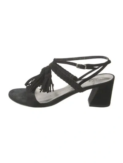 Pre-owned Stuart Weitzman Suede Tassel Accents Slingback Sandals In Black
