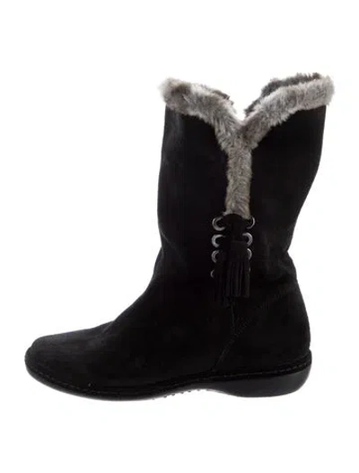 Pre-owned Stuart Weitzman Suede Tassel Accents Slouch Boots In Black