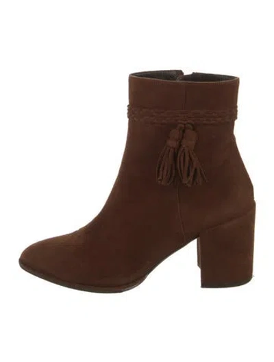 Pre-owned Stuart Weitzman Suede Tassel Accents Sock Boots In Brown