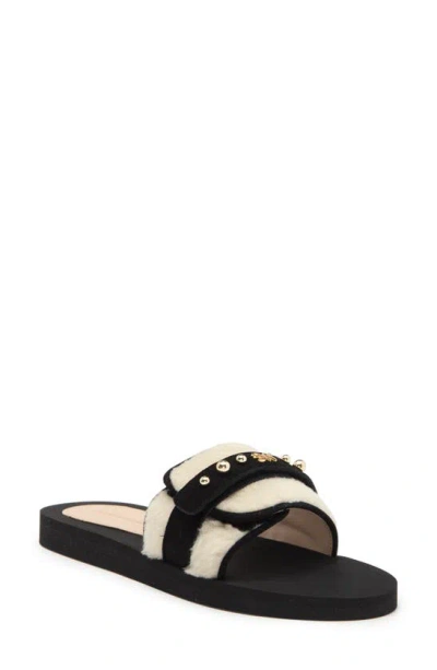 Stuart Weitzman Super Studs Genuine Shearling Slide Sandal In Cream/ Black