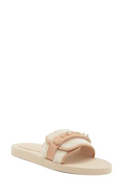 Stuart Weitzman Super Studs Genuine Shearling Slide Sandal In Cream/sandalwood