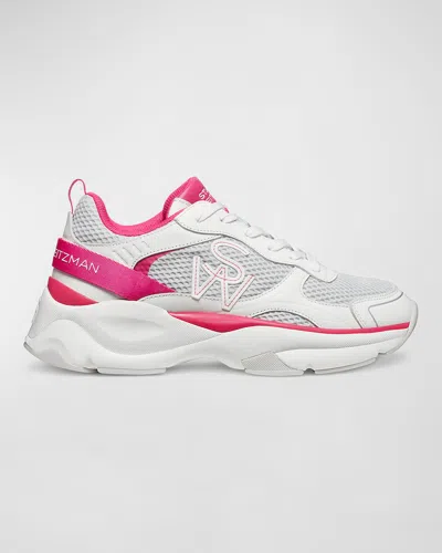 Stuart Weitzman Sw Leather Trainer Sneakers In White/fuchsia