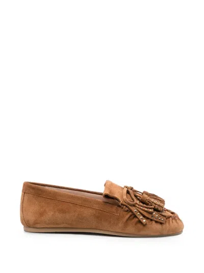 Stuart Weitzman Tassel-embellished Studded Loafers In Brown
