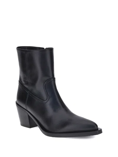 Stuart Weitzman Leather Block Heel Ankle Boots With Pointed Toe In Black