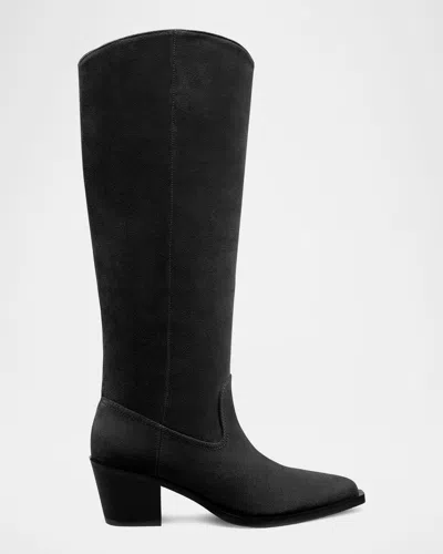 Stuart Weitzman Tate Knee-high Pointed Suede Boots In Black