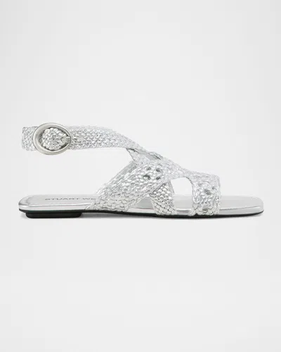 Stuart Weitzman Thea Metallic Braided Slingback Sandals In Silver