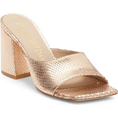 Stuart Weitzman Tia 85 Snakeskin Embossed Flare Block Sandal In Gold