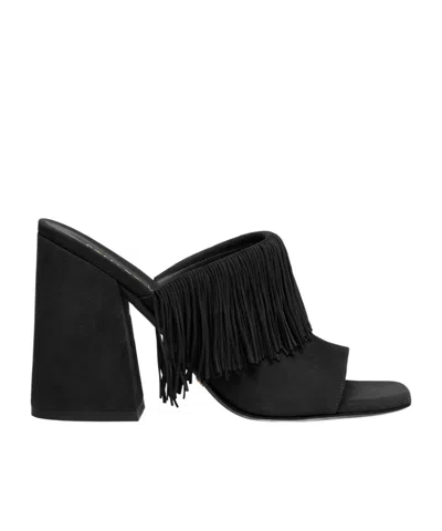 Stuart Weitzman Tia Fringe 100mm Suede Mules In Black