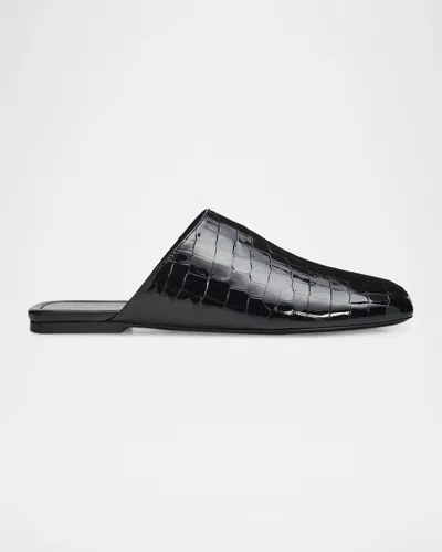 Stuart Weitzman Tiff Croc-embossed Patent Leather Mules In Black