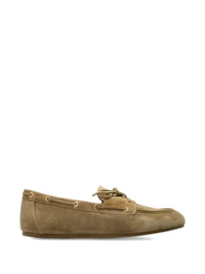 Stuart Weitzman Tinsley Moc Toe Suede Loafer Bow In Brown