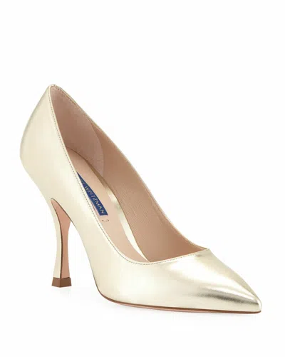 Pre-owned Stuart Weitzman Tippi 95mm Metallic Leather Point-toe Pumps In Gray