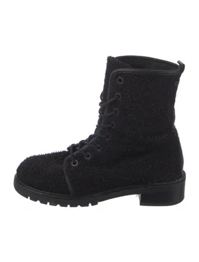 Pre-owned Stuart Weitzman Tweed Combat Boots In Black