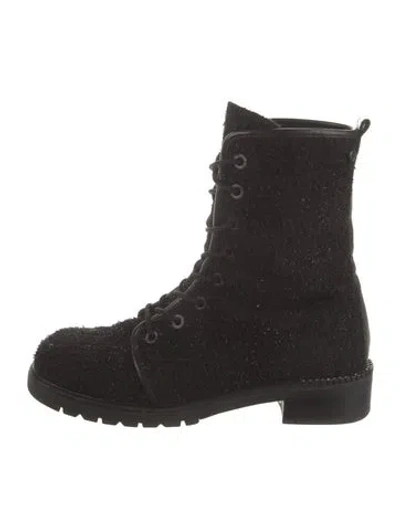 Pre-owned Stuart Weitzman Tweed Crystal Embellishments Combat Boots In Black