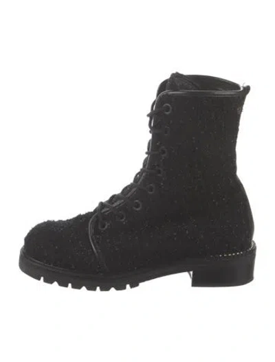 Pre-owned Stuart Weitzman Tweed Crystal Embellishments Combat Boots In Black
