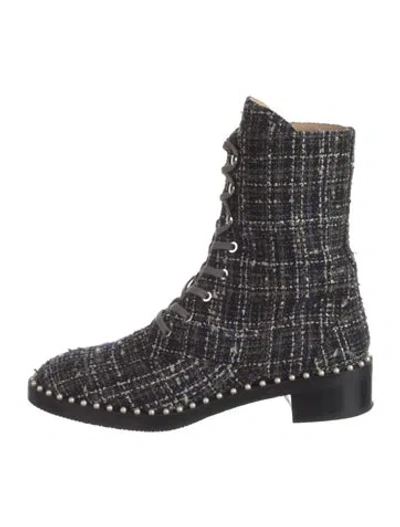 Pre-owned Stuart Weitzman Tweed Pattern Beaded Accents Combat Boots In Blue
