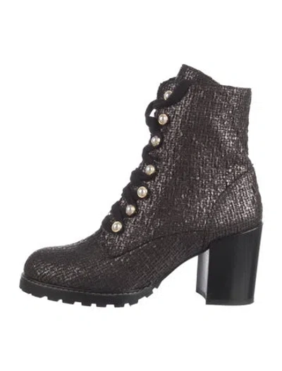 Pre-owned Stuart Weitzman Tweed Pattern Beaded Accents Lace-up Boots In Metallic/purple