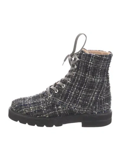 Pre-owned Stuart Weitzman Tweed Pattern Combat Boots In Black