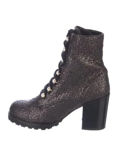 Pre-owned Stuart Weitzman Tweed Patterned Combat Boots In Brown