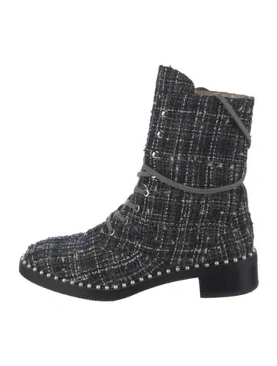 Pre-owned Stuart Weitzman Tweed Tweed Pattern Lace-up Boots In Black