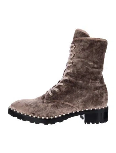 Pre-owned Stuart Weitzman Velvet Beaded Accents Lace-up Boots In Neutrals