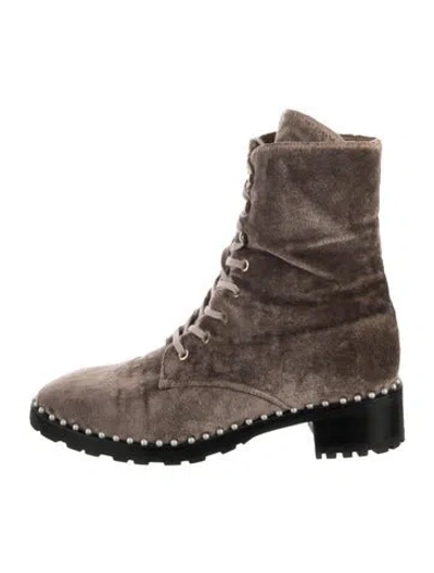 Pre-owned Stuart Weitzman Velvet Beaded Accents Lace-up Boots In Neutrals