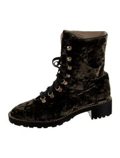Pre-owned Stuart Weitzman Velvet Chain-link Accents Lace-up Boots In Neutrals