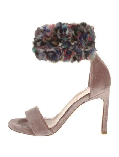 Pre-owned Stuart Weitzman Velvet Faux Fur Trim Sandals In Pink
