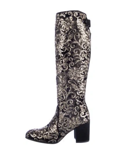 Pre-owned Stuart Weitzman Velvet Floral Print Boots In Black