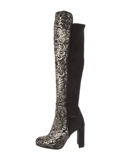 Pre-owned Stuart Weitzman Velvet Floral Print Boots In Black