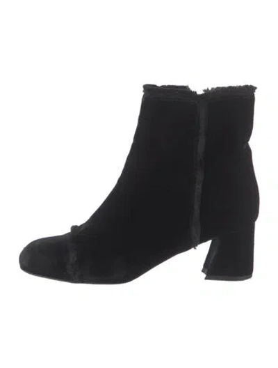 Pre-owned Stuart Weitzman Velvet Fringe Trim Accent Boots In Black