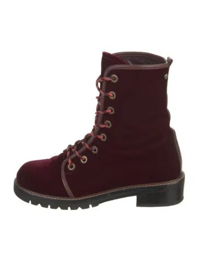 Pre-owned Stuart Weitzman Velvet Leather Trim Embellishment Boots In Burgundy