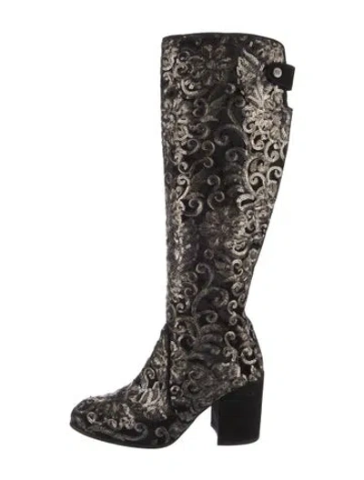 Pre-owned Stuart Weitzman Velvet Patterned Boots In Black