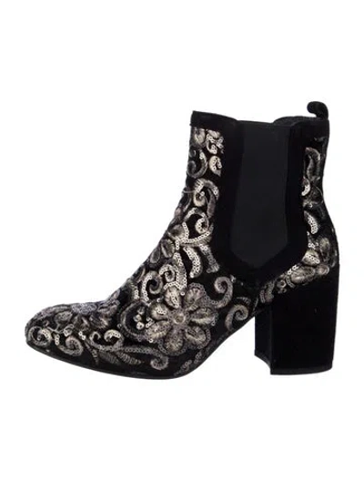 Pre-owned Stuart Weitzman Velvet Printed Chelsea Boots In Black