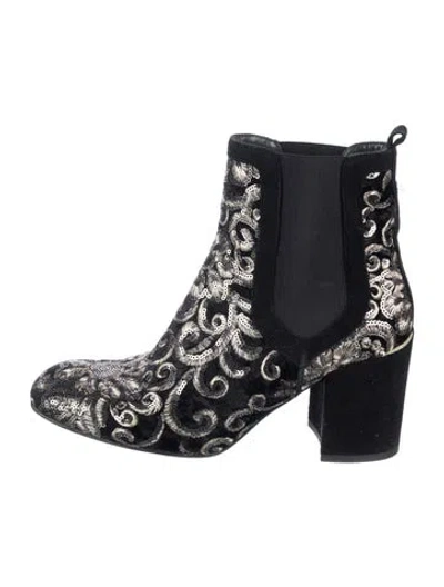Pre-owned Stuart Weitzman Velvet Printed Chelsea Boots In Black