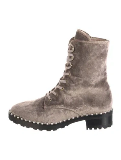 Pre-owned Stuart Weitzman Velvet Studded Accents Lace-up Boots In Neutrals
