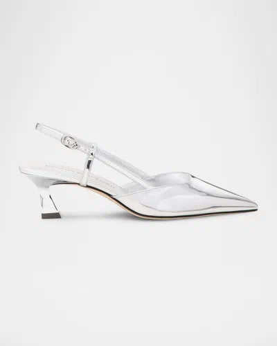 Stuart Weitzman Vinnie Metallic Kitten Slingback Pumps In Silver