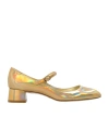 Stuart Weitzman Iridescent Effcet Leather Vivienne Mary Jane Pumps With Heel In Gold