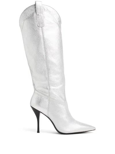 Stuart Weitzman Western-style Metallic High Boots In Silver