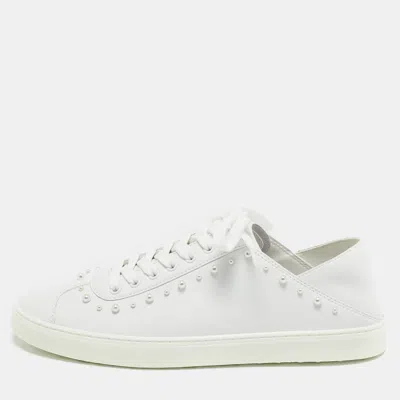 Pre-owned Stuart Weitzman White Leather Pearlstud Convertible Sneakers Size 39.5