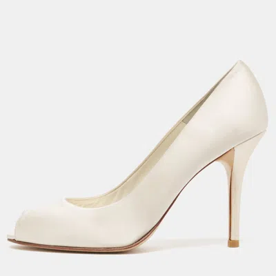 Stuart Weitzman White Satin Peep Toe Pumps