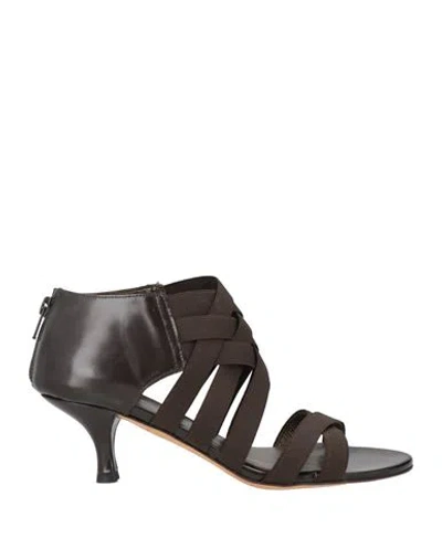 Stuart Weitzman Woman Sandals Dark Brown Size 6.5 Leather, Textile Fibers