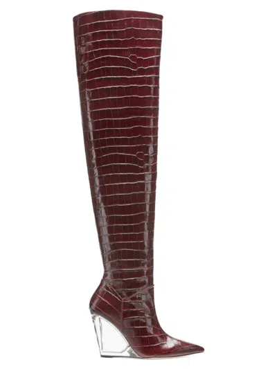 Stuart Weitzman Women's 100mm Alligator-embossed Leather Wedge-heel Knee Boots In Plum