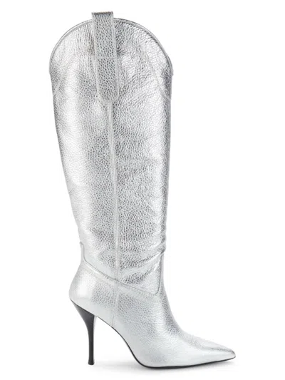 Stuart Weitzman Outwest Metallic Calfskin Stiletto Western Boots In Silver