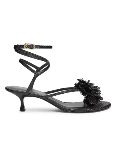 Stuart Weitzman Women's Belize Floral-appliquéd 50mm Raffia Ankle-wrap Sandals In Black