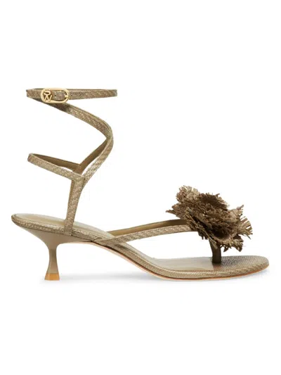 Stuart Weitzman Women's Belize Floral-appliquéd 50mm Raffia Ankle-wrap Sandals In Khaki