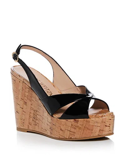 Stuart Weitzman Dayna Patent Crisscross Wedge Platform Sandals In Black