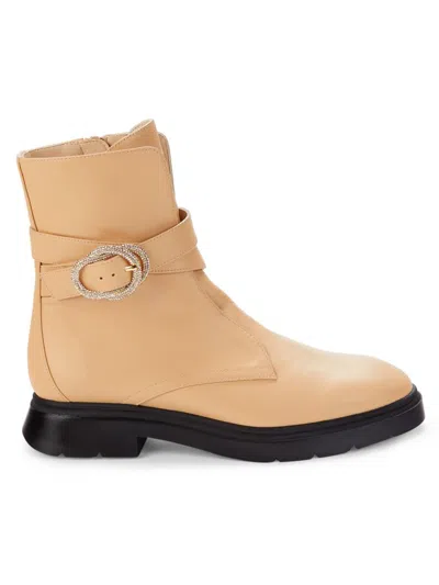 Stuart Weitzman Women's Crystal Buckle Leather Ankle Boots In Golden Beige