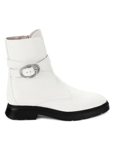 Stuart Weitzman Women's Crystal Buckle Leather Ankle Boots In White