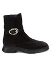 Stuart Weitzman Crystal Buckle Zip Suede Bootie In Black