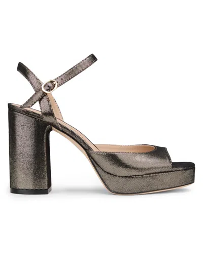 Stuart Weitzman Dayna Ii Leather Noir Ankle-strap Platform Sandals In Metallic